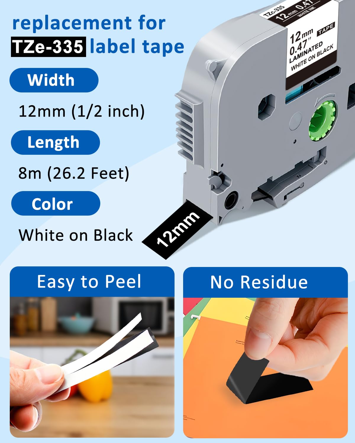 TZE-335 Replace for Brother P-Touch Label Maker Tape White on Black Refills