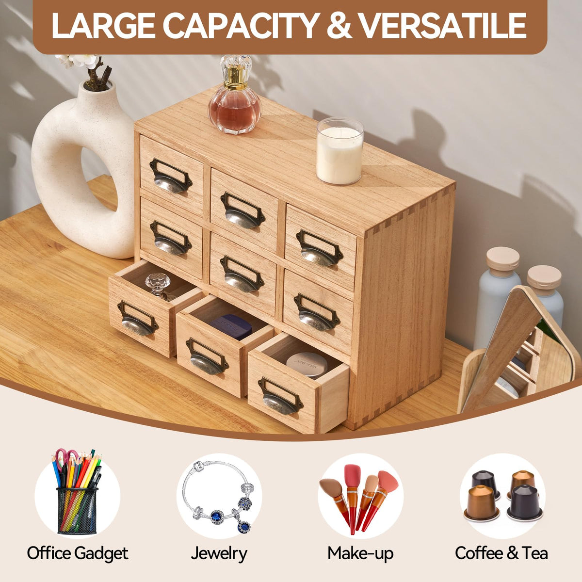 KIRIGEN Wooden Desk Organizer with 9 Drawers, Storage Cabinet, Natural