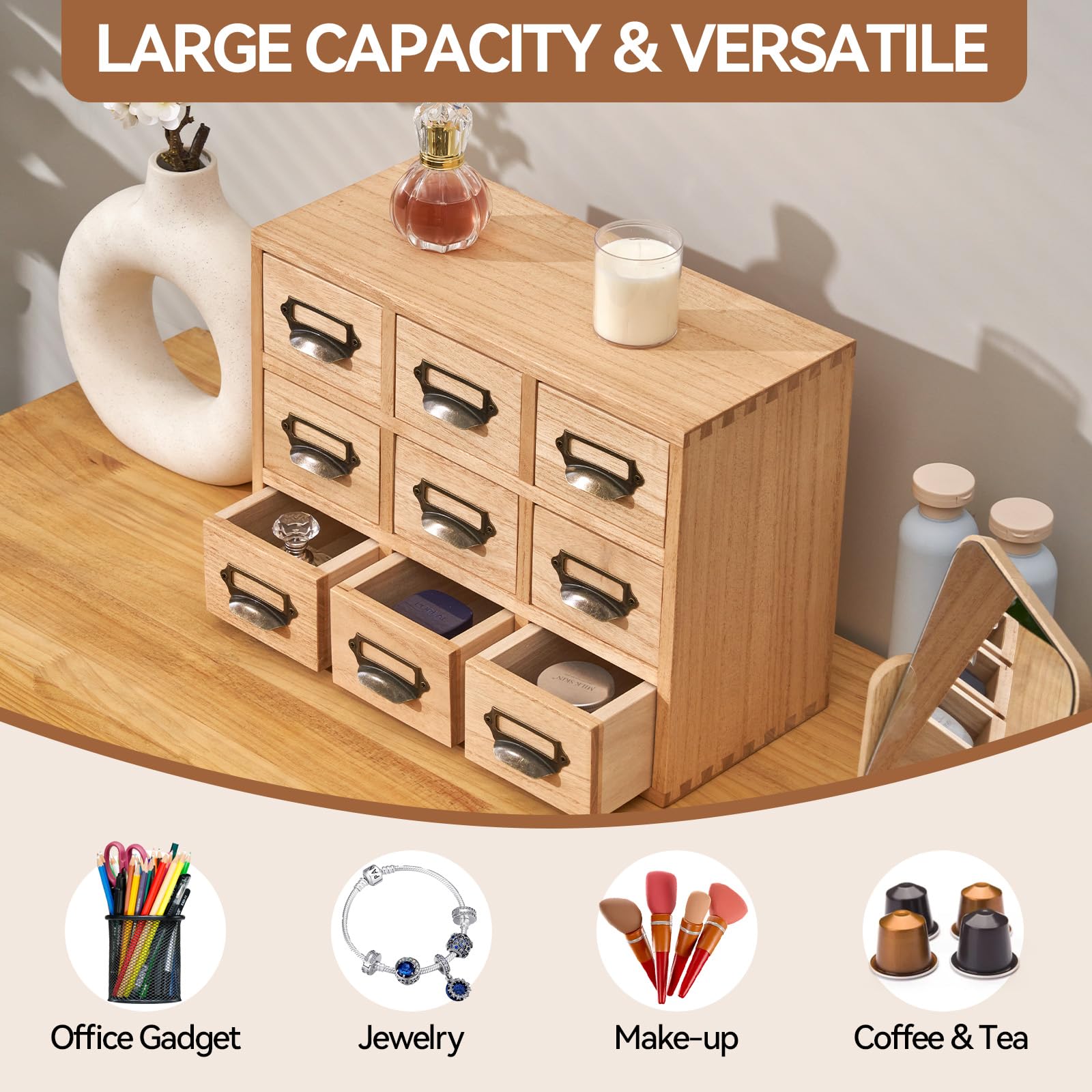 KIRIGEN Wooden Desk Organizer with 9 Drawers, Storage Cabinet, Natural