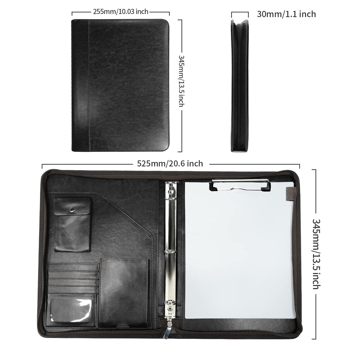 WRIYES Zippered Portfolio Organizer with 3 Ring Binder, Black