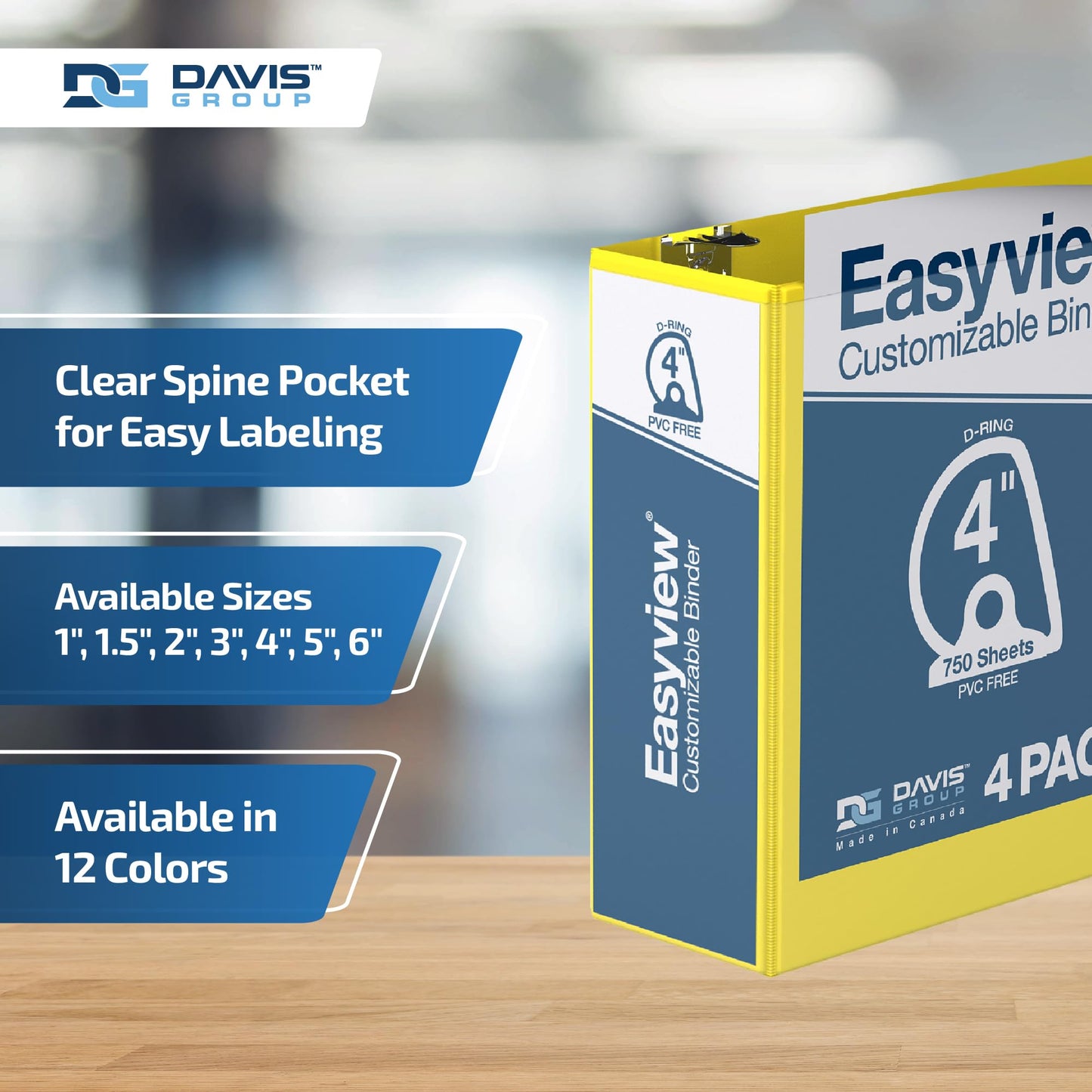 Easyview 3-Ring Binder, Clear-View Cover, 4" D Rings, Yellow, 4 Pack