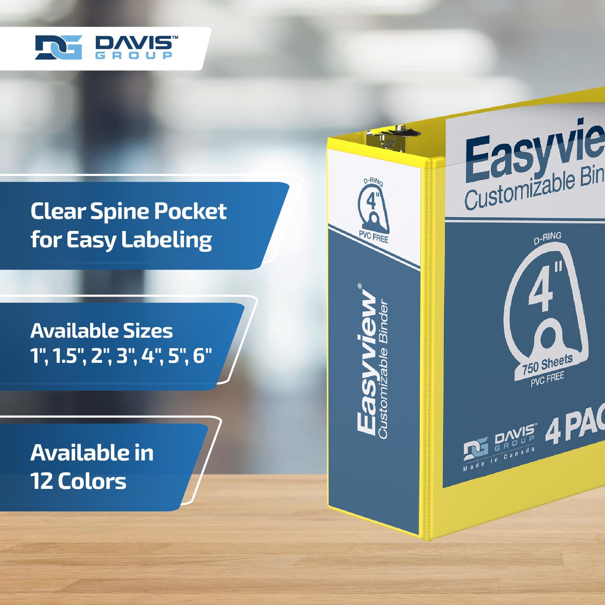 Easyview 3-Ring Binder, Clear-View Cover, 4" D Rings, Yellow, 4 Pack