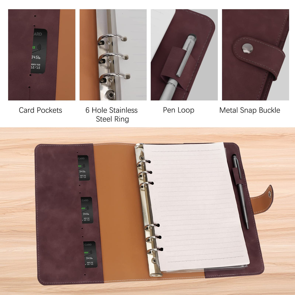 FYY A5 Binder Refillable Planner Notebook 6 Ring, Dark Brown