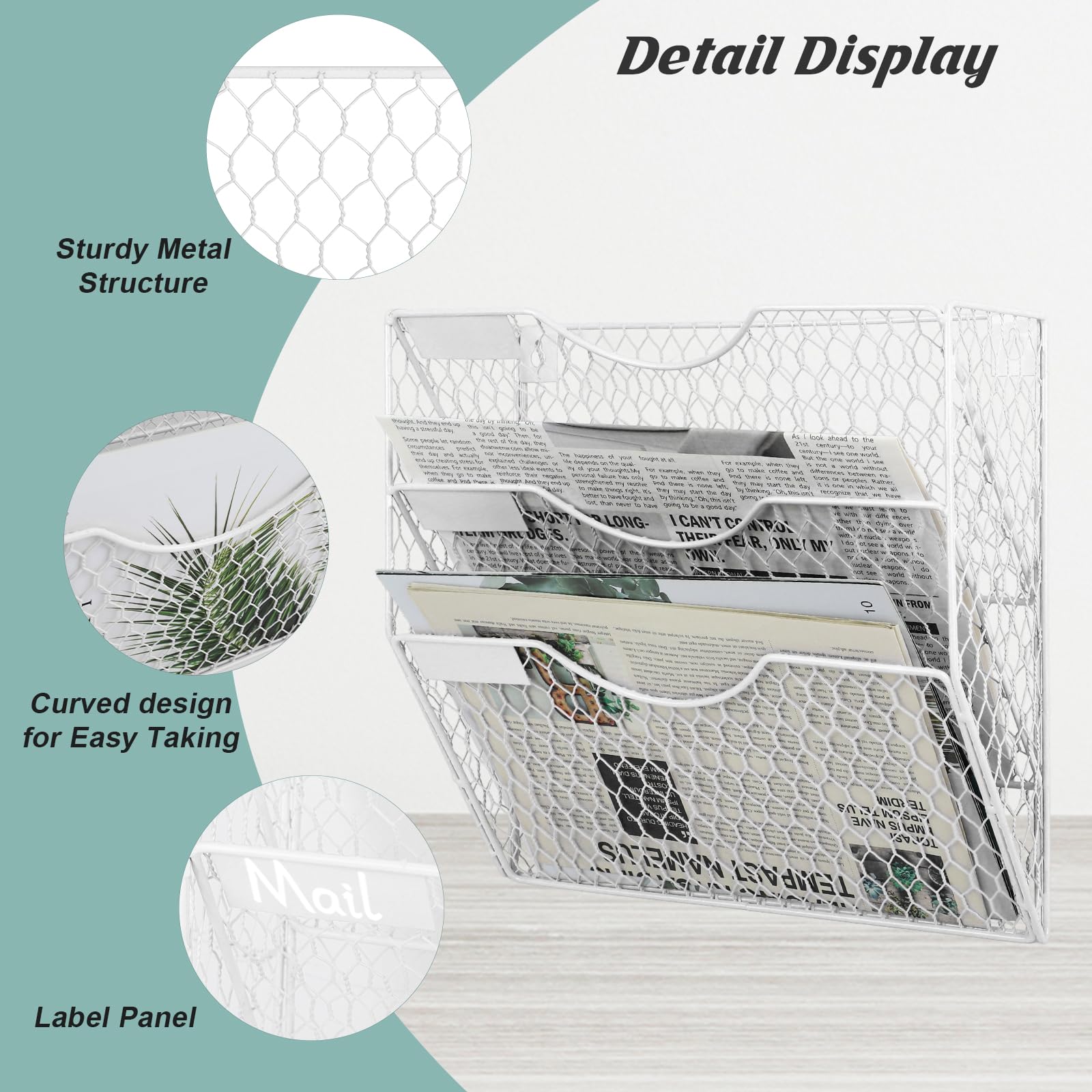 EASEPRES Mail Organizer Wall Mount Hanging File Holder Storage, Metal Chicken Wire Magazine Rack 3