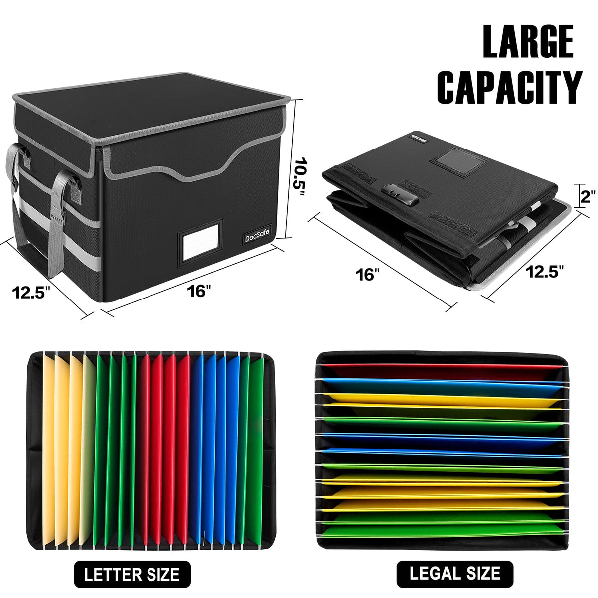 DocSafe Fireproof Document Box with Lock,File Storage Organizer with Pockets,Collapsible Portable