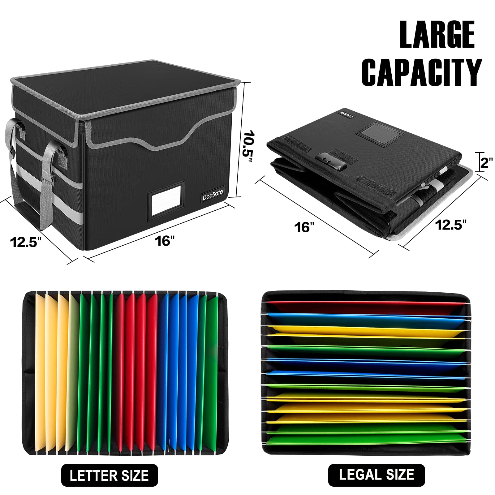 DocSafe Fireproof Document Box with Lock, File Storage Organizer with Mesh Pockets, Collapsible