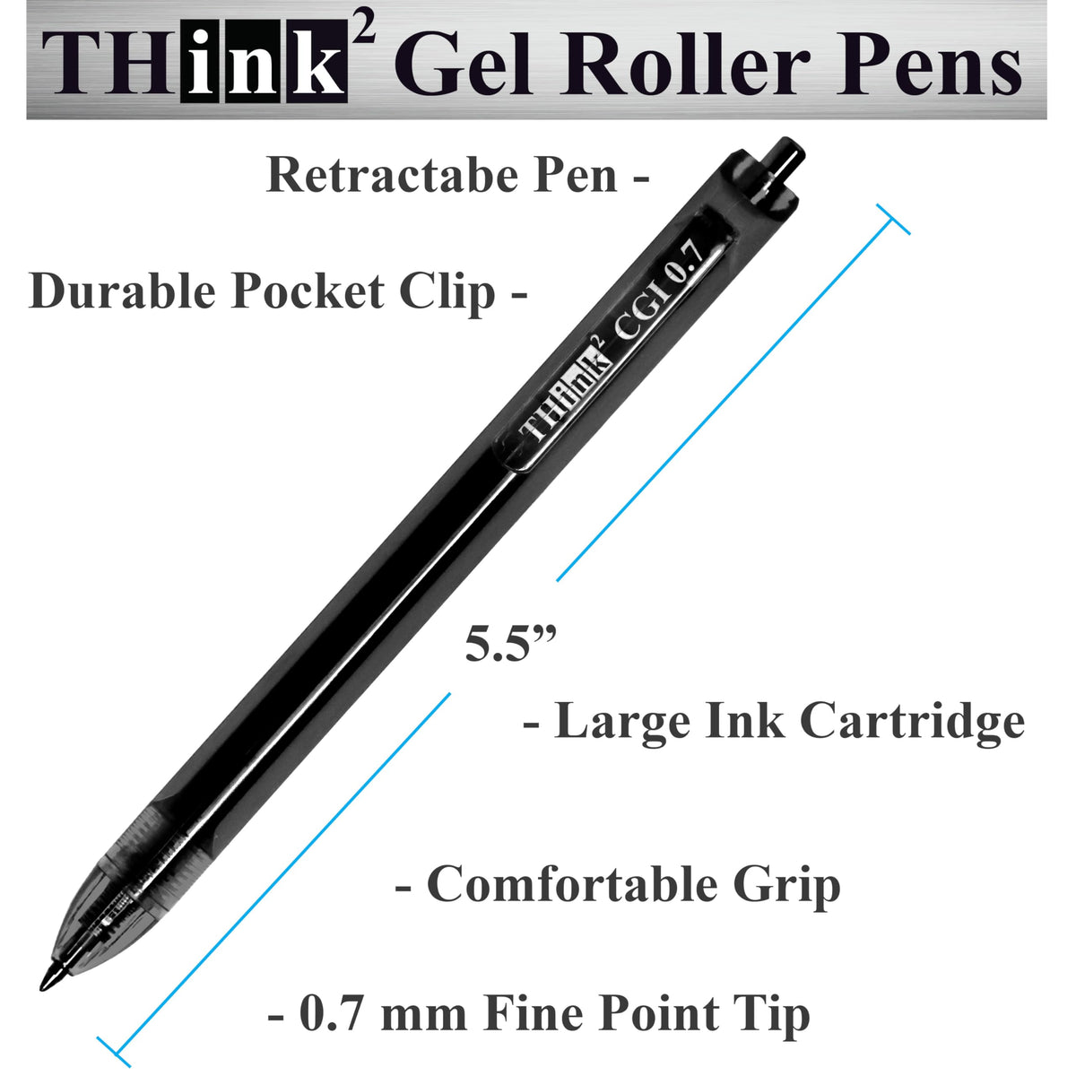 [24 Pens - Black Ink] Think2 0.7mm CGI Retractable Gel Pens. (24 Black) Medium Point Rollerball