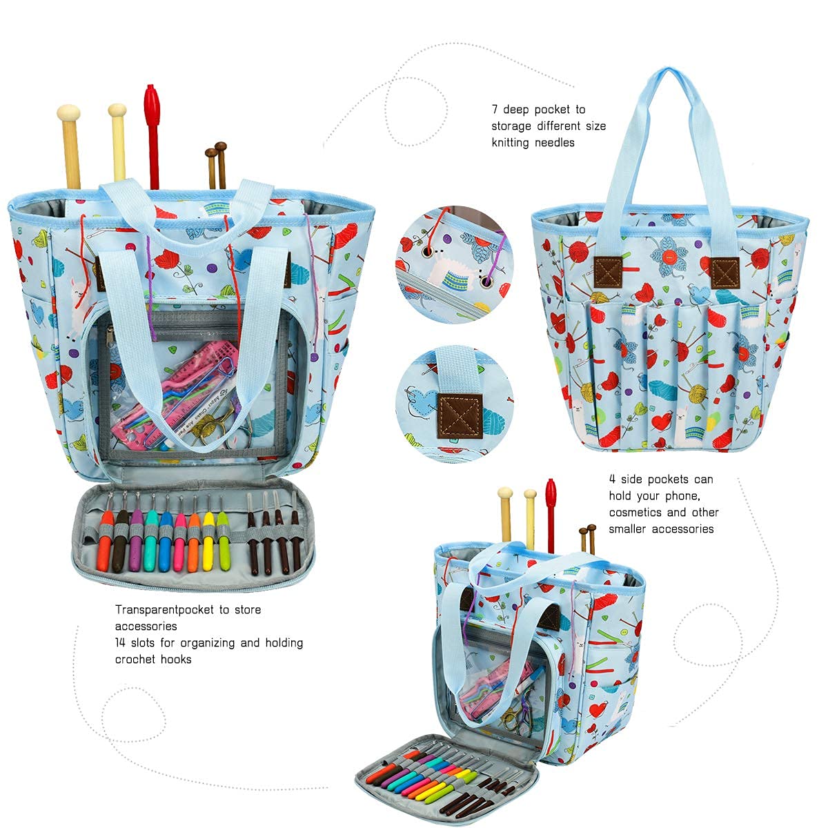 KOKNIT Knitting Tote Bag, Portable Carry on Knitting Crochet Yarn Storage Bag with Pockets
