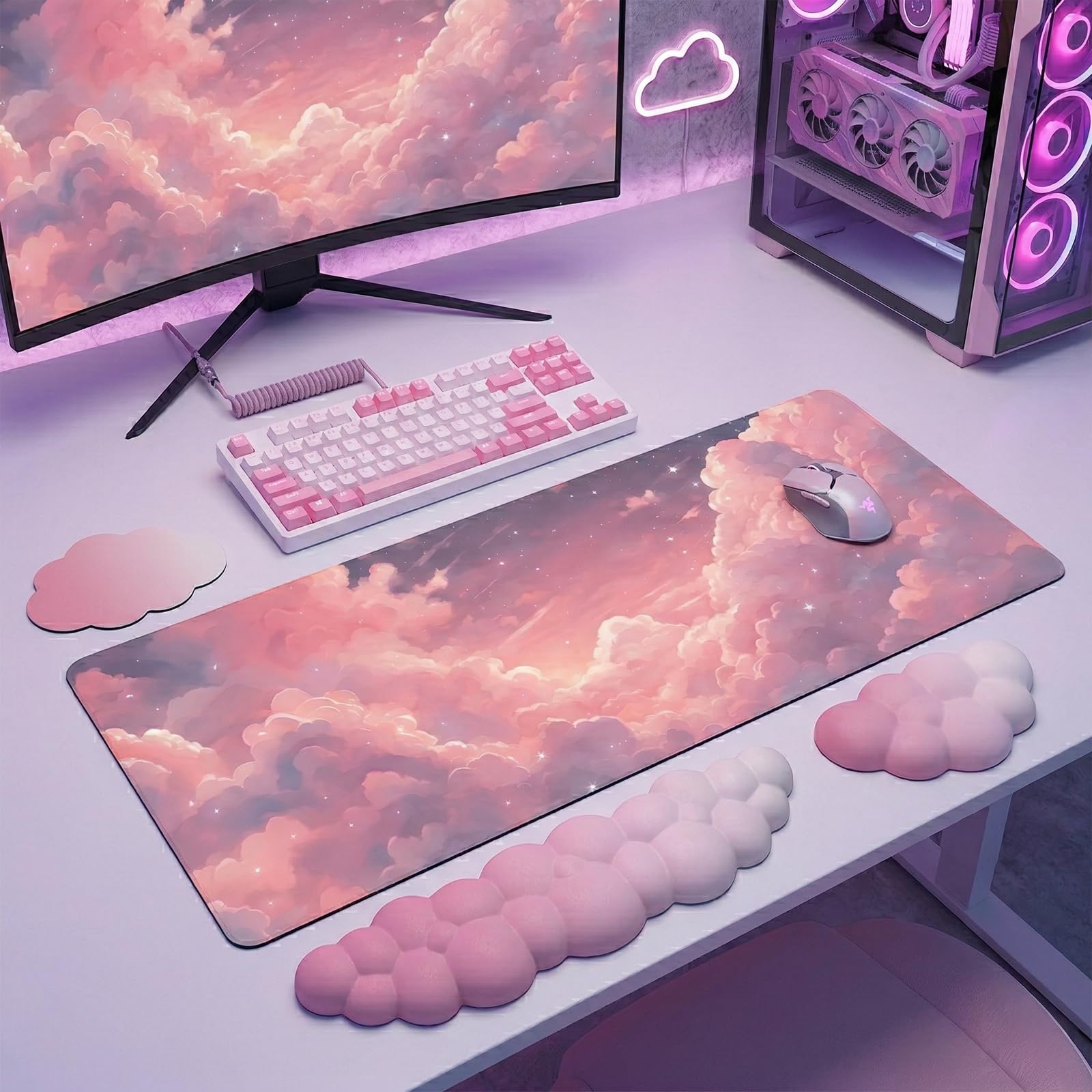 Pink Cloud Large Mouse Pad for Desk Cloud Keyboard Wrist Rest 4PCS Extended Cloud Desk Mat Pad Set