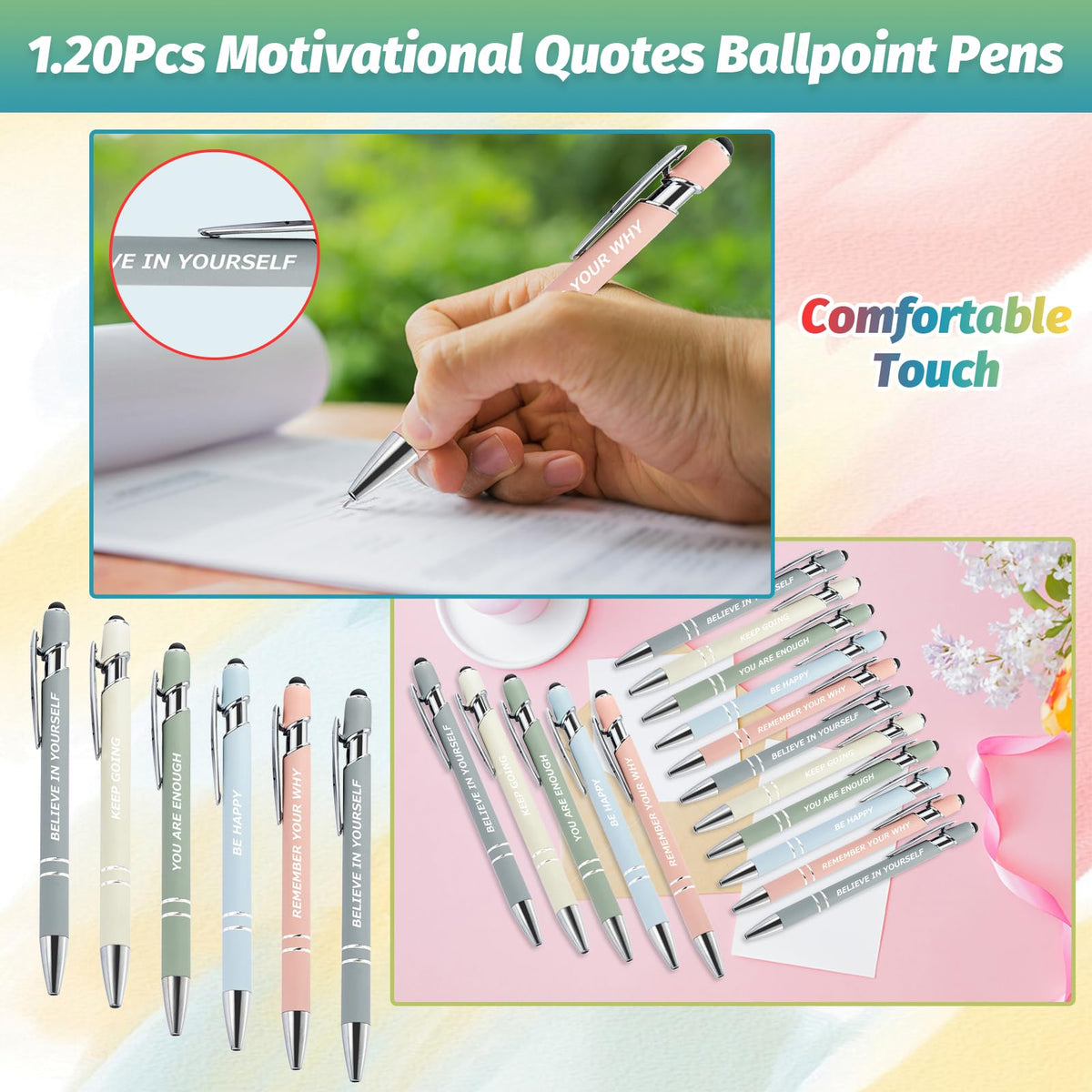 40 Pcs Inspirational Pens Kit with Stylus Tip & Sayings – 20 Motivational Pen + 20 Individual Bags
