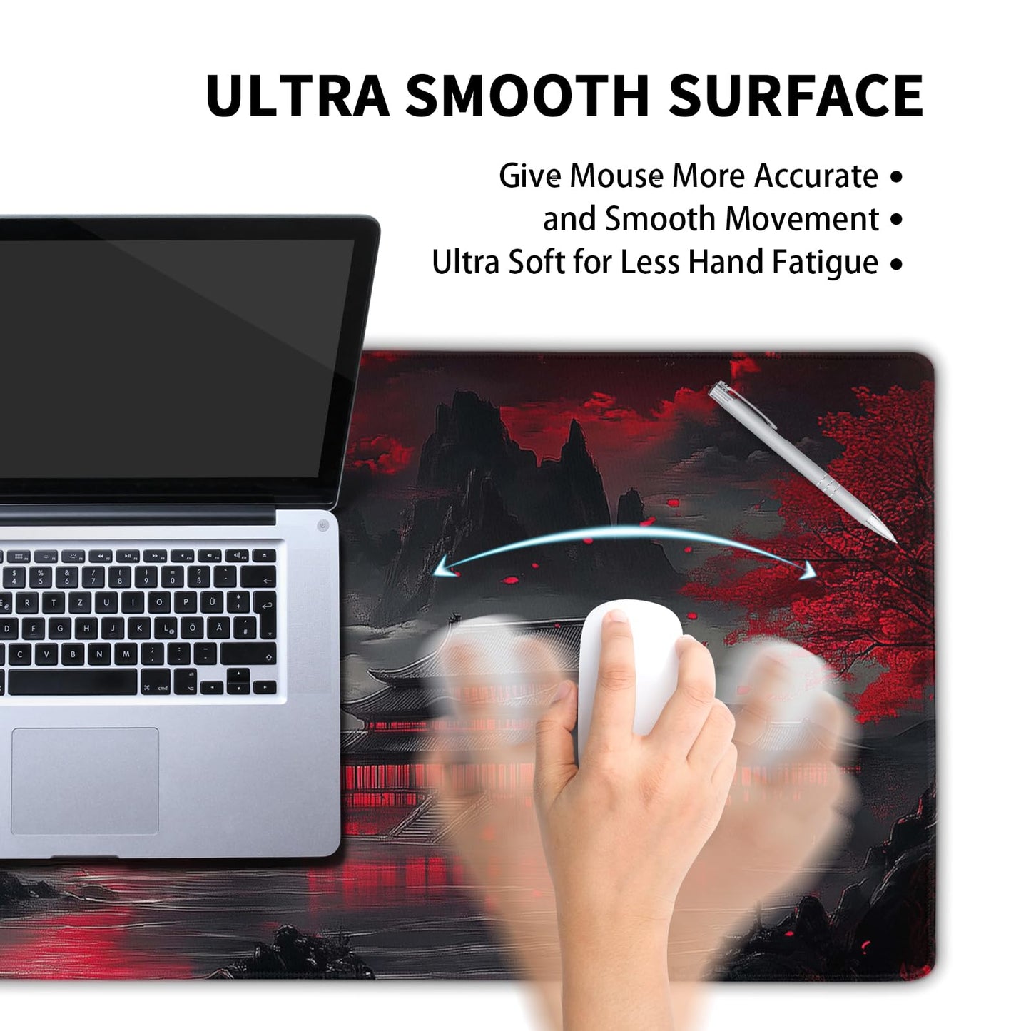 Japanese Mouse Pad Large Riverside Full Moon Desk Mat Black Red Mouse Pad Gaming 35.4"x15.7" Long