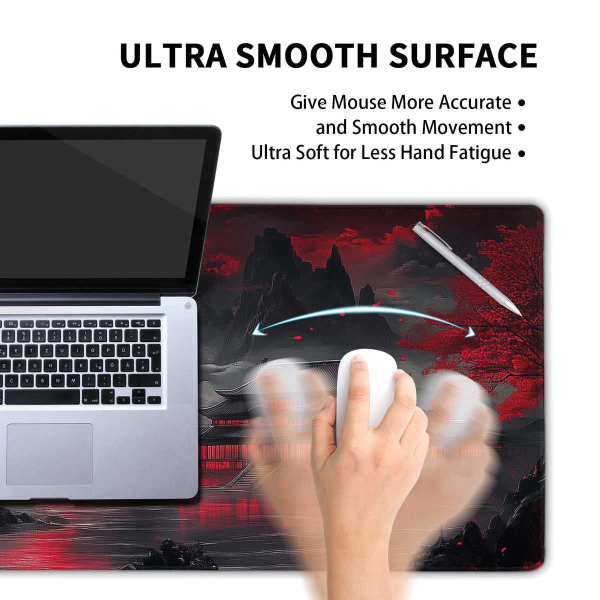Japanese Mouse Pad Large Riverside Full Moon Desk Mat Black Red Mouse Pad Gaming 35.4"x15.7" Long