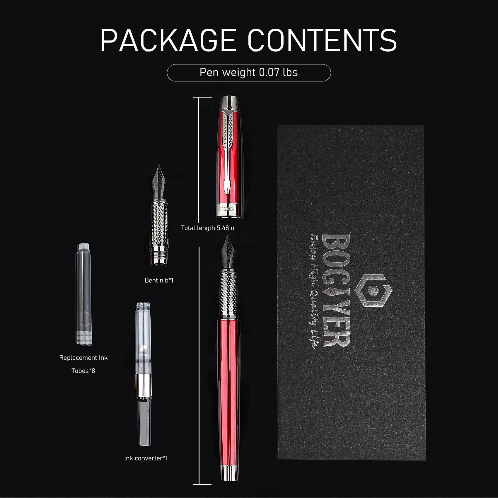 BOCIYER Fountain Pen with Fine Nib & Black Ink, Refillable & Elegant Bent Nib Design, Calligraphy