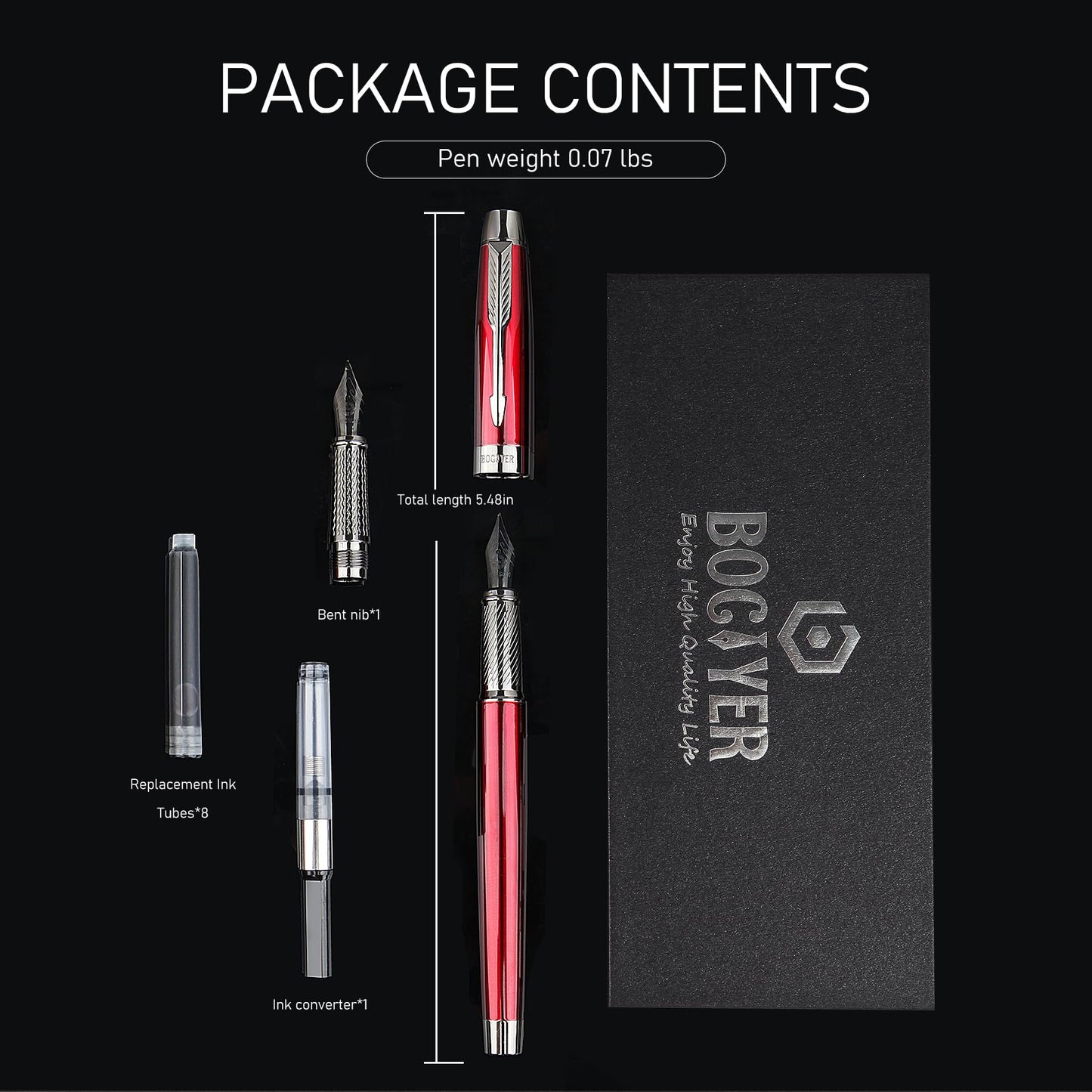 BOCIYER Fountain Pen with Fine Nib & Black Ink, Refillable & Elegant Bent Nib Design, Calligraphy