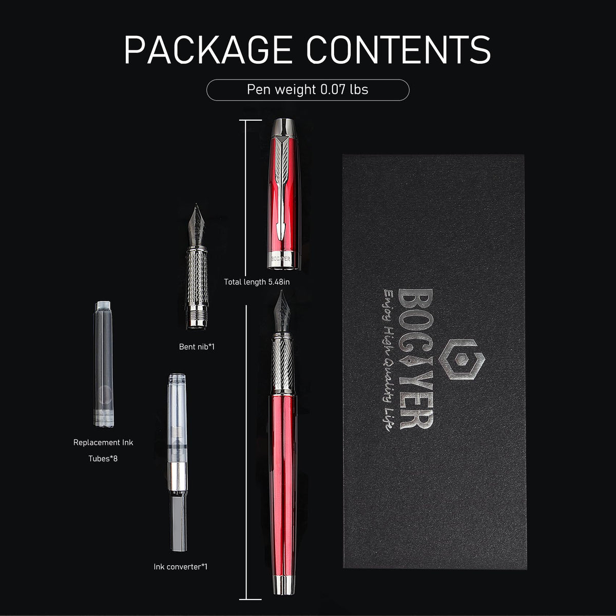 BOCIYER Fountain Pen with Fine Nib & Black Ink, Refillable & Elegant Bent Nib Design, Calligraphy