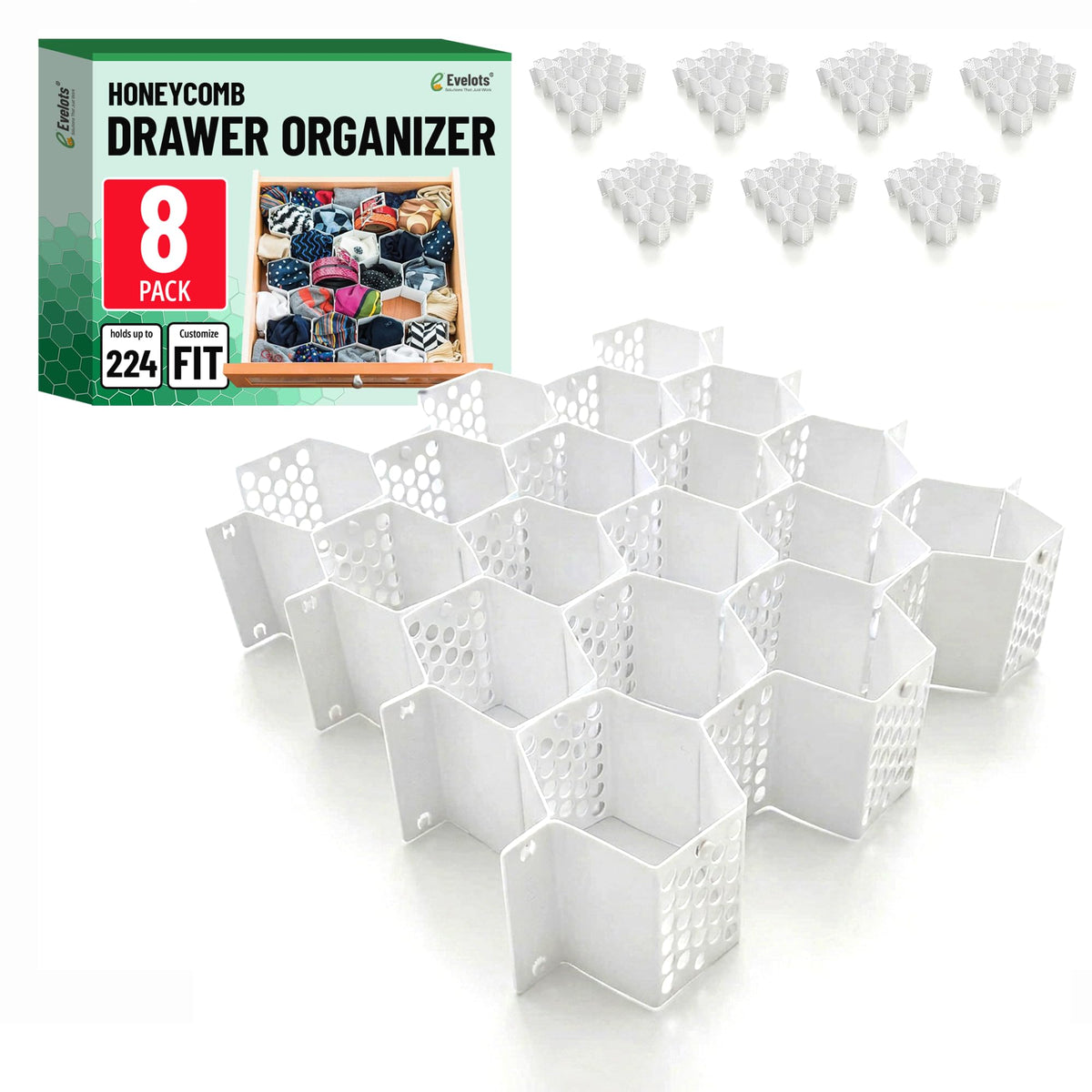 Evelots 8-Pack Honeycomb Drawer Organizers, 224 Cells, Expandable, White