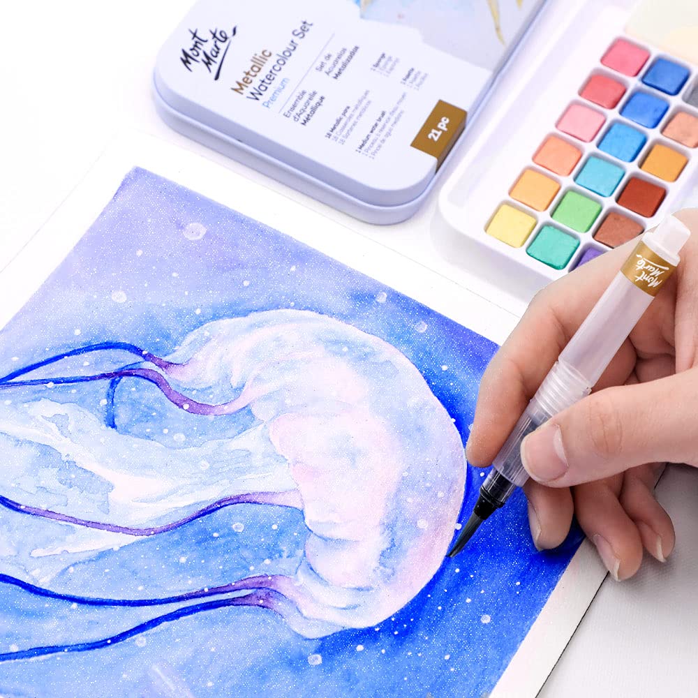 Mont Marte Premium Watercolor Cake Set, 21 Piece, 18 Colors, 1 Water Brush, 1 Sponge, 4 Mixing Wells