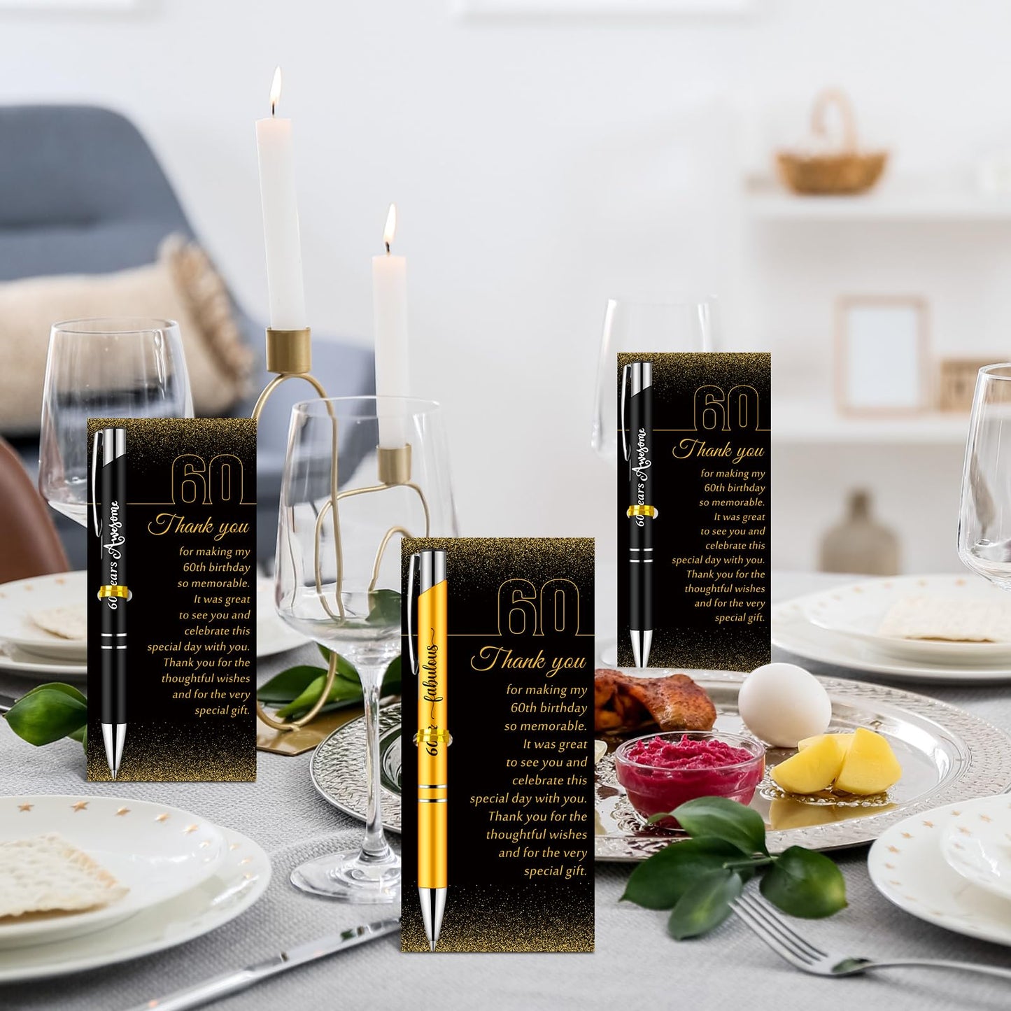 Feifeiya 50 Sets 60th Birthday Party Favors with Black Gold Pens Thank Card