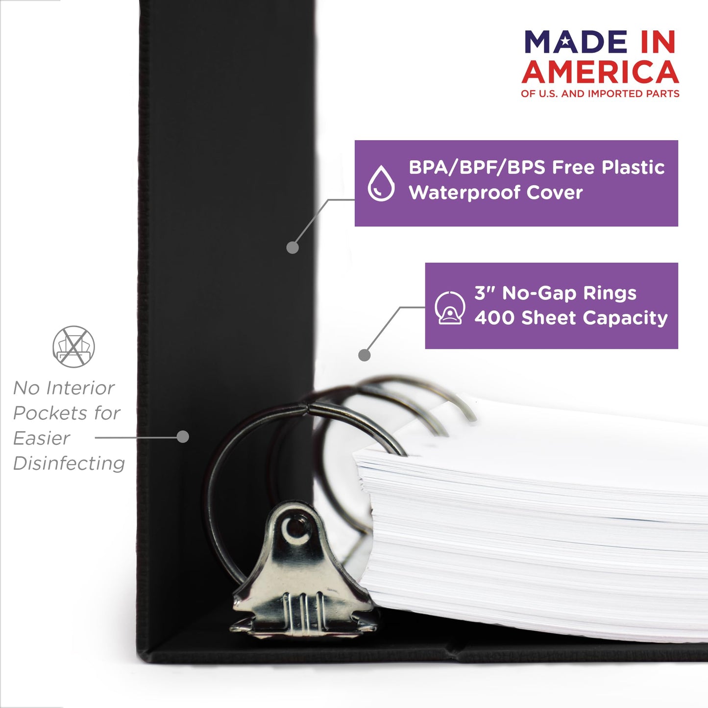 Carstens 3-Inch Heavy Duty 3-Ring Binder - Side Opening, Black, Durable Plastic, Precision No-Gap