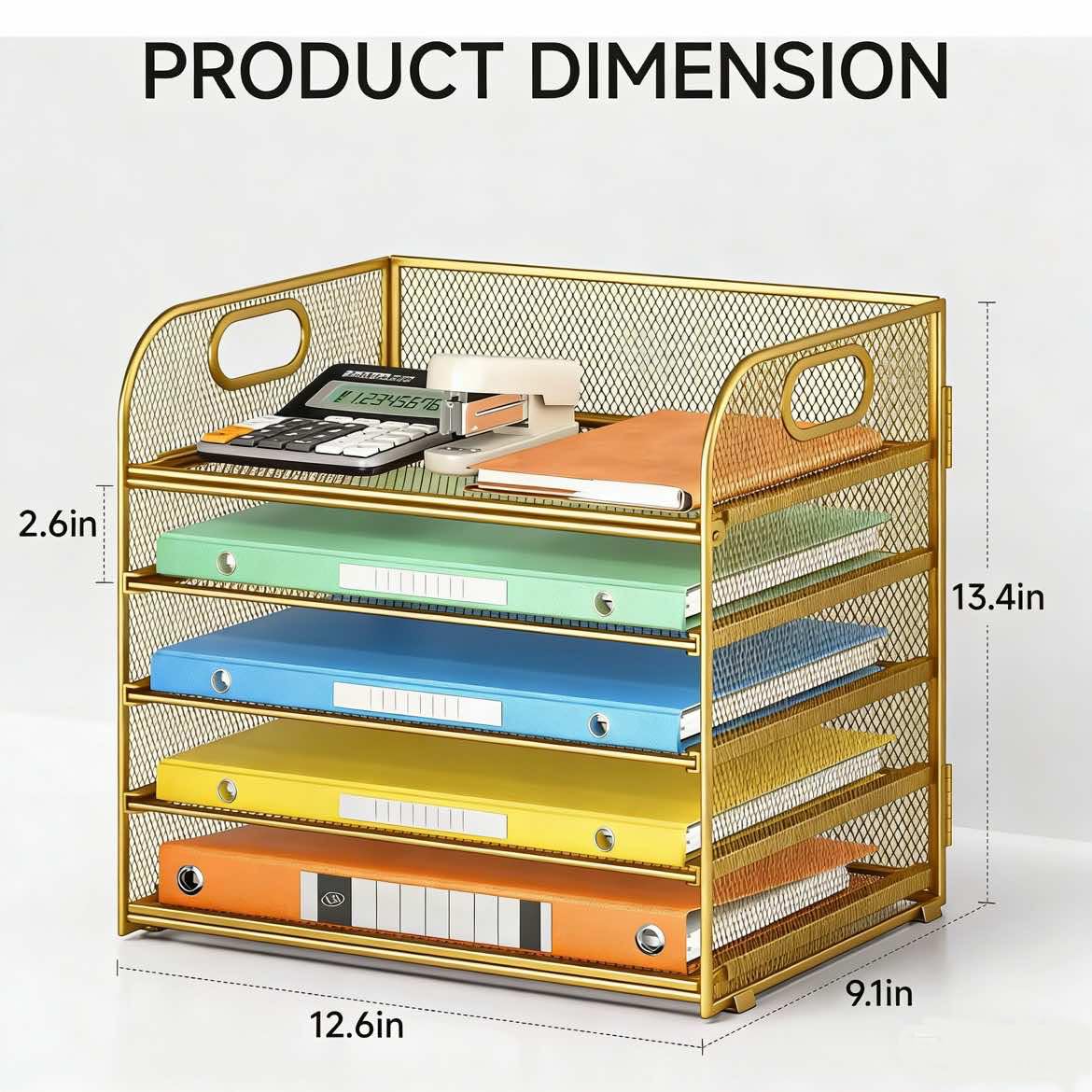Lavatino Desk Paper Organizer Trays, Gold 5-Tier Mesh File Folder Sorter with Handles, Letter