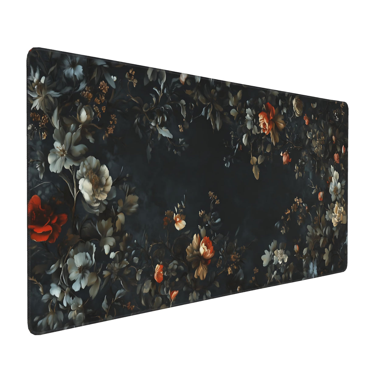 Floral Aesthetic Rose Gaming Mouse Pad, Black Dark Botanical Desk Mat with Anti-Slip Base &