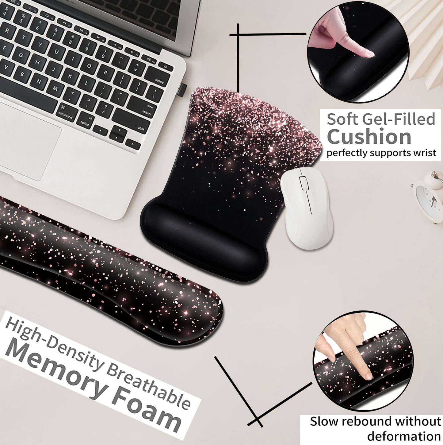 Rose Gold Glitter Mouse Pad with Wrist Support - Ergonomic Gel & Soft Memory Foam Keyboard Rest