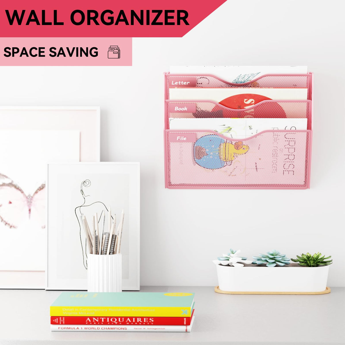 GDINDINFAN 3 Pockets Hanging Wall File Organizer Mail Holder, Wall Mounted Paper Document Folder
