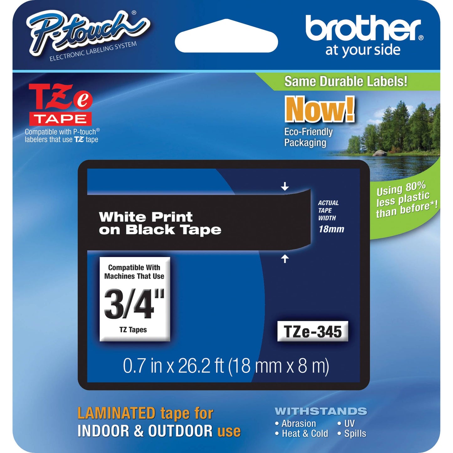 Brother Genuine P-Touch TZE-345 Tape, 3/4" (18 mm) Standard Laminated P-Touch Tape, White on Black