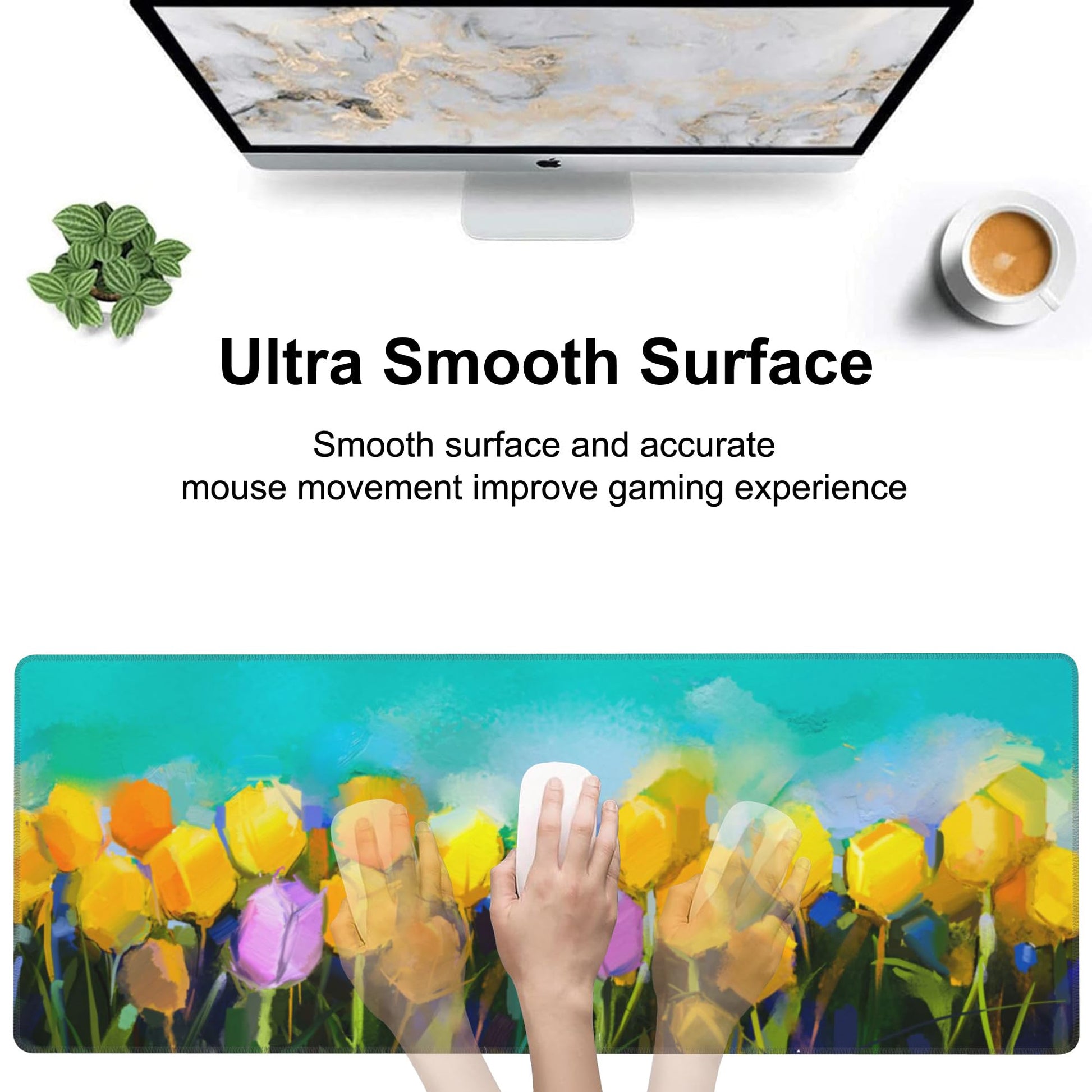 Tulips Flowers Desk Mat,Large Yellow and Violet Tulip Flowers Gaming Keyboard Mouse Pad,Non-Slip