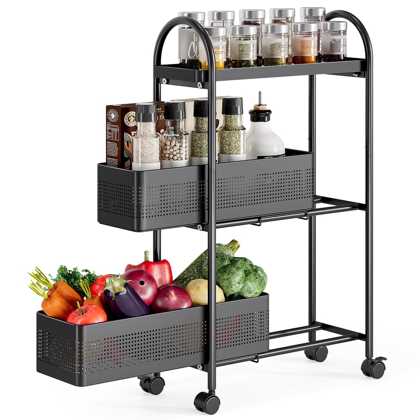 KINGRACK 3 Tier Slim Rolling Cart with Drawer, Metal Utility Storage Cart