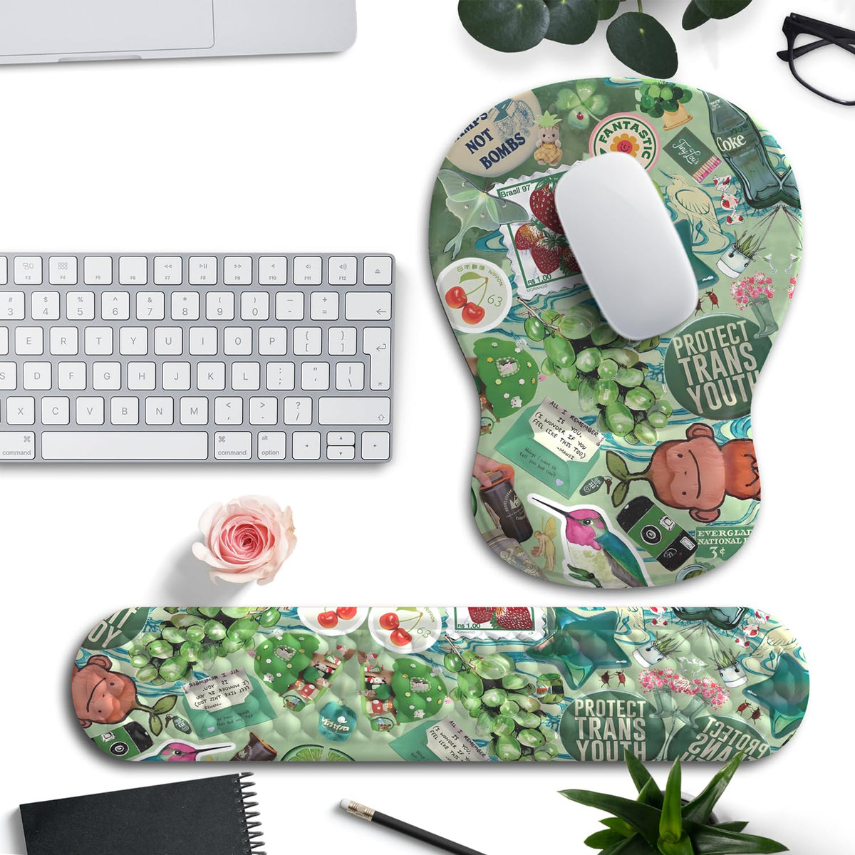 Mint Green Keyboard Wrist Rest Support Mouse Pad&Keyboard Set, Cute Green Ergonomic Mousepad