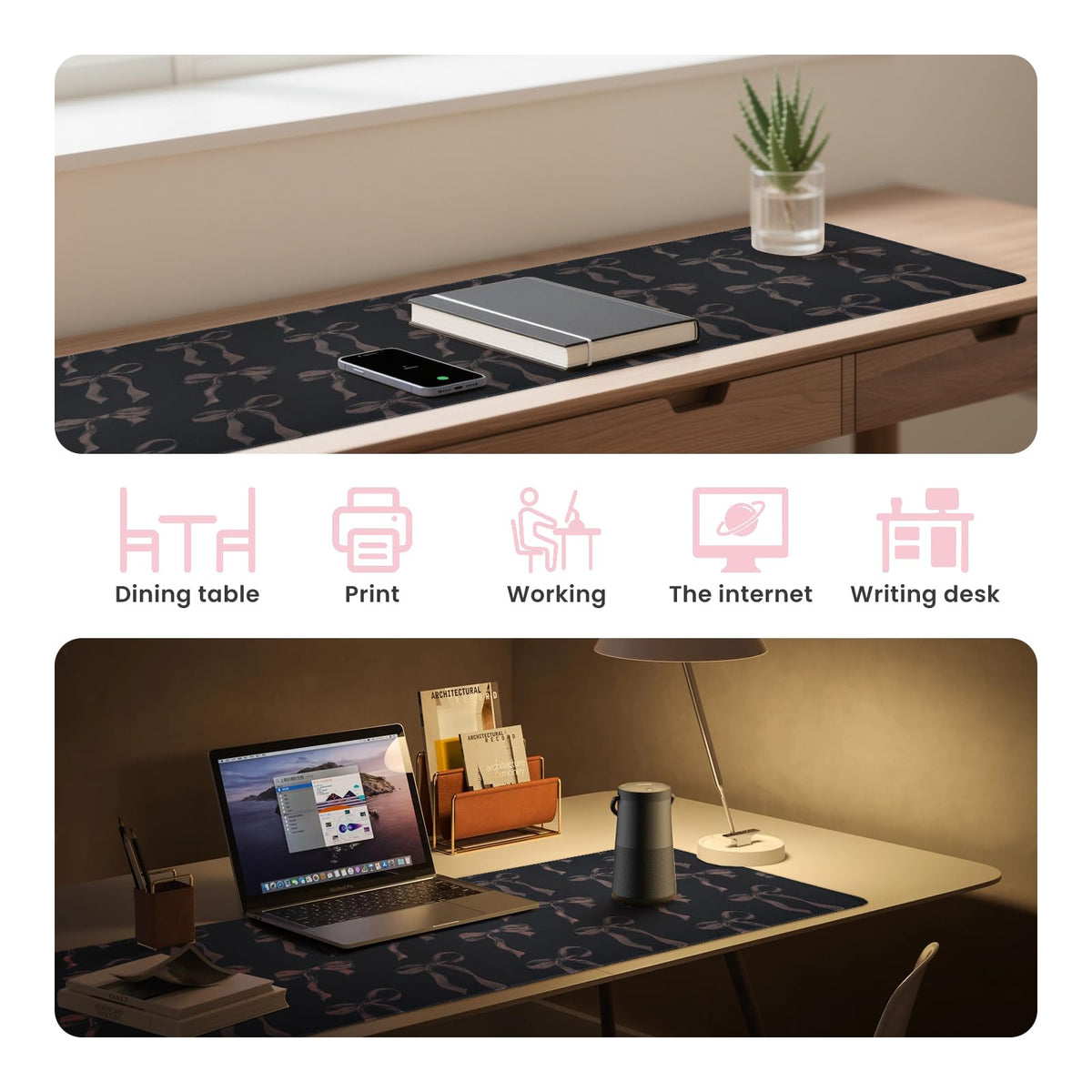 Black Desk Mat with Bows, Large Bow Mouse Pad Keyboard Mat for Computer Laptop Non-Slip Rubber Base
