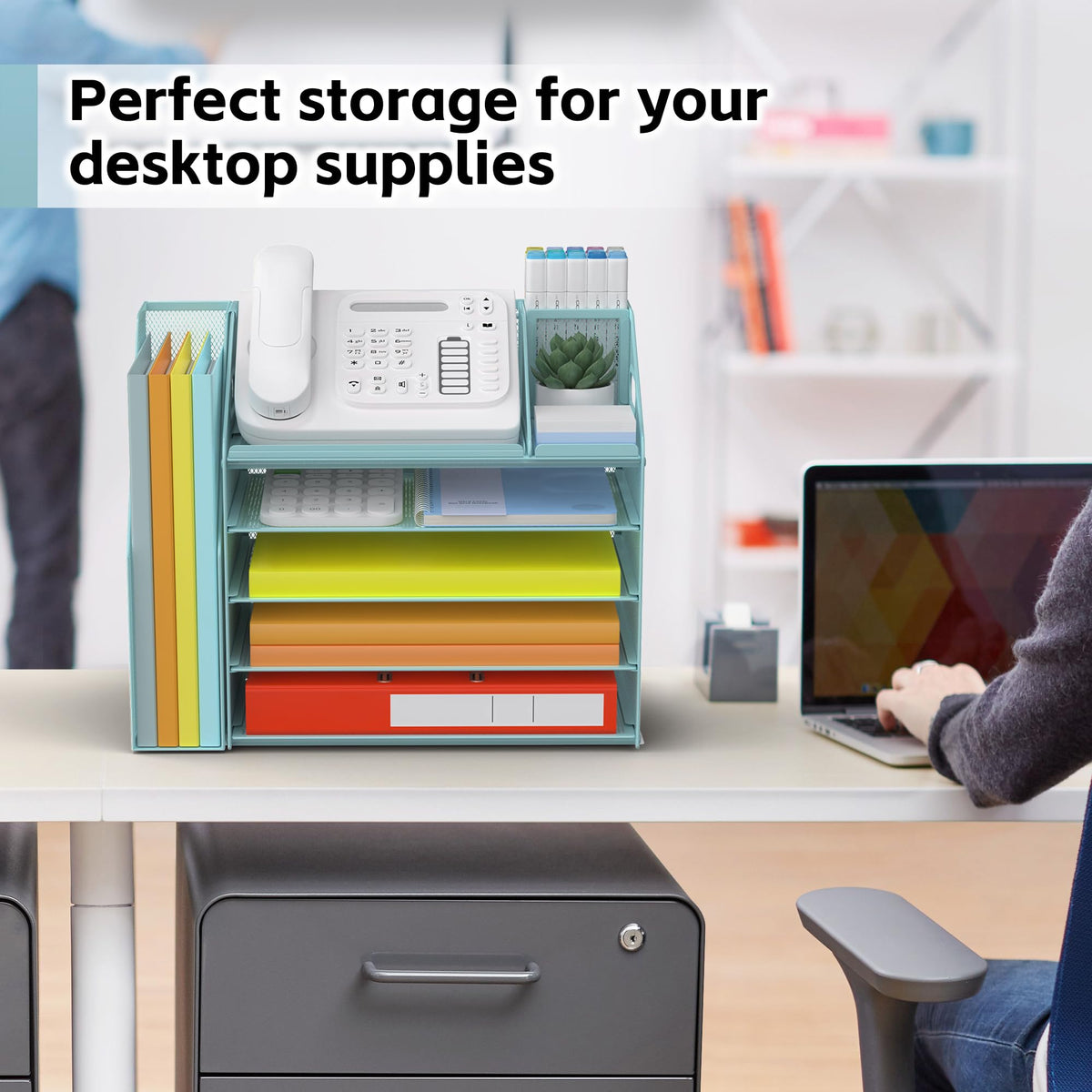 DocNest 5 Tier Metal Mesh Desk File Organizer with Phone Shelf, Blue
