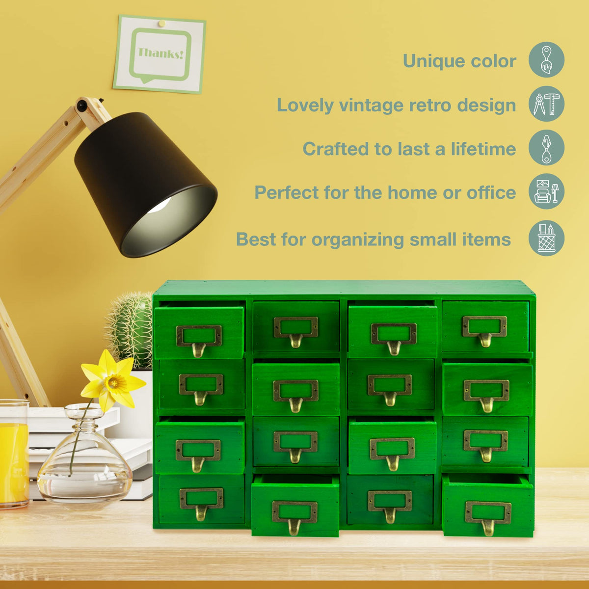 Emerald Green Wood 16-Drawer Apothecary Small Cabinet - 20"x3.6”x14” Card Catalog Style Table Top