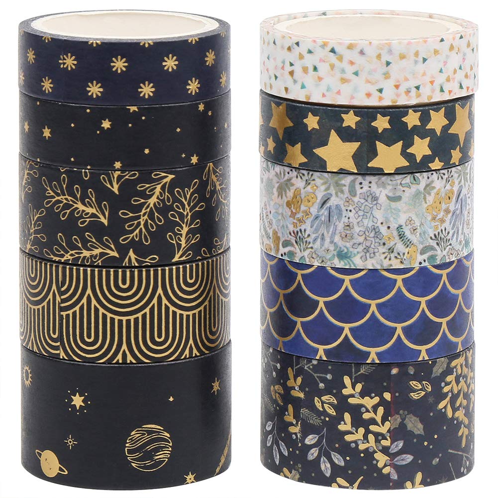 CCINEE Black Gold Foil Washi Tape,Floral Decorative Masking Tapes for Bullet Journal Scrapbook