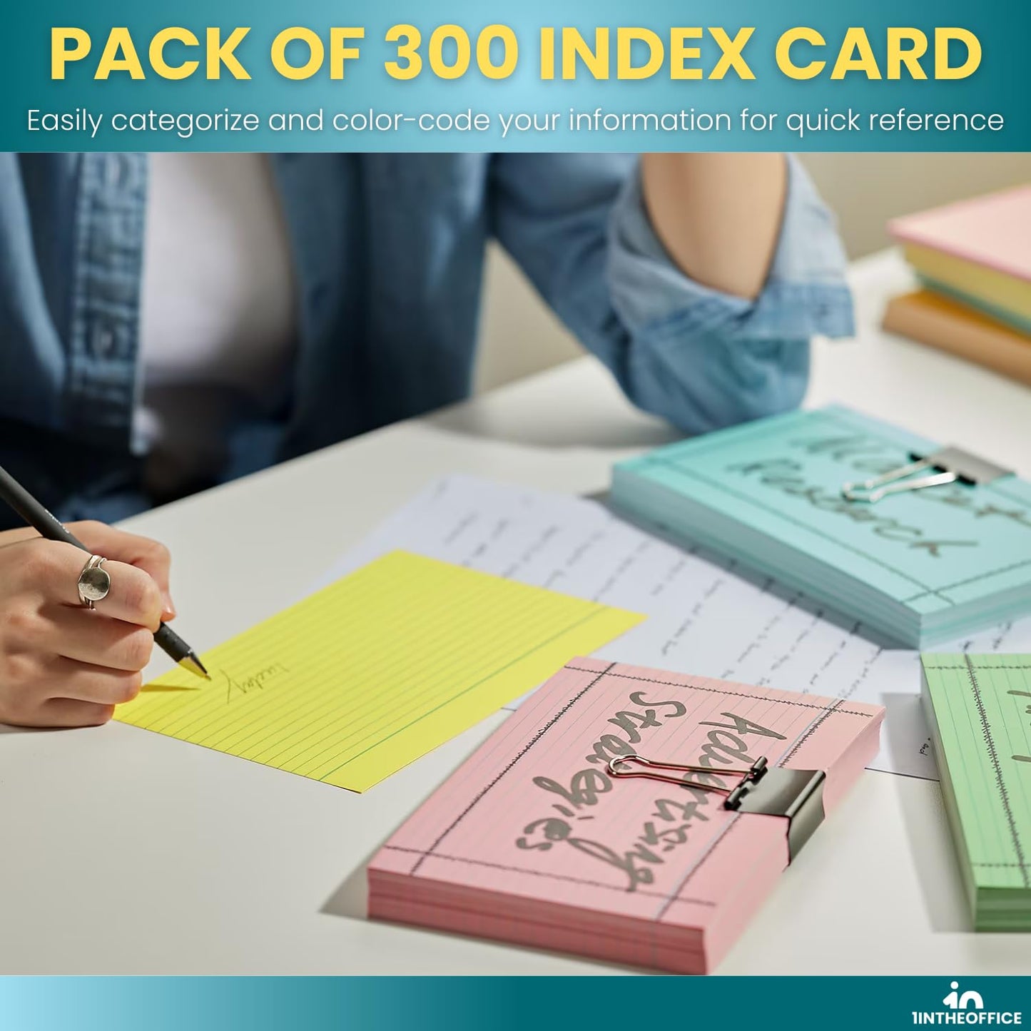 1InTheOffice Index Card 5x8 Ruled, Lined Note Cards, Flash Cards, Assorted Colors, 300/Pack