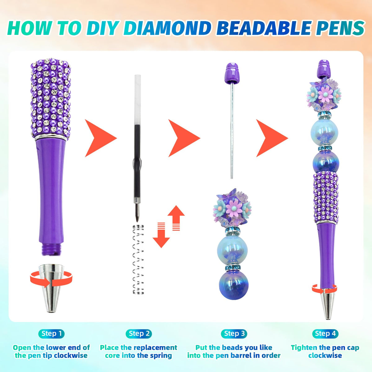 DASTTUIS 75 Pcs DIY Diamond Beadable Pen Kit - 25 Plastic Rhinestone Beaded Pens Bulk with Refills