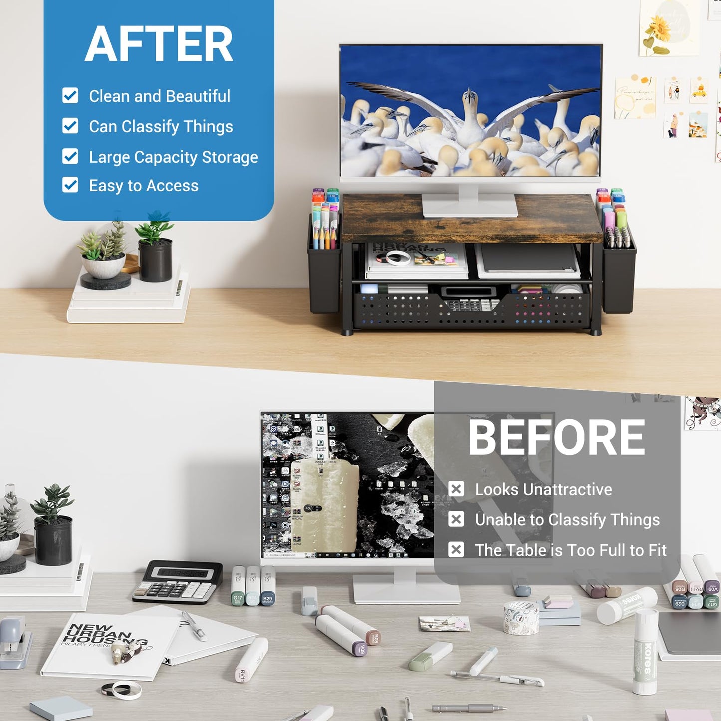 OPNICE Desk Organizers and Accessories, Computer Monitor Stand Riser with Drawer and 2 Pen Holders