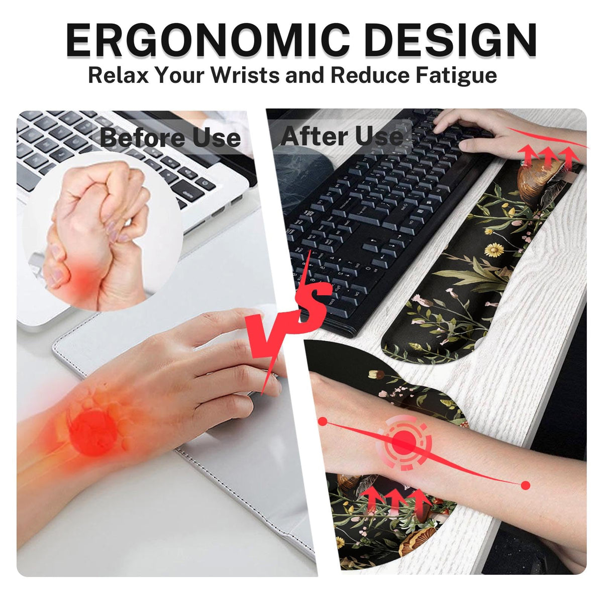 Britimes Keyboard Mouse Pad Set, 4 in 1 Desk Mat Set, Black Mushroom Flora