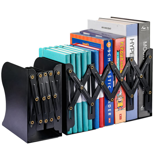 2 Pack Adjustable Metal Book Ends for Heavy Books, Extends Up to 19", Black