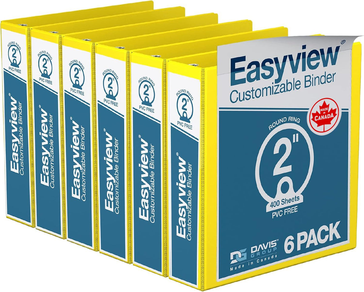 Easyview 3-Ring Binder, Clear-View Cover, 2" Round Rings, Yellow, 6 Pack