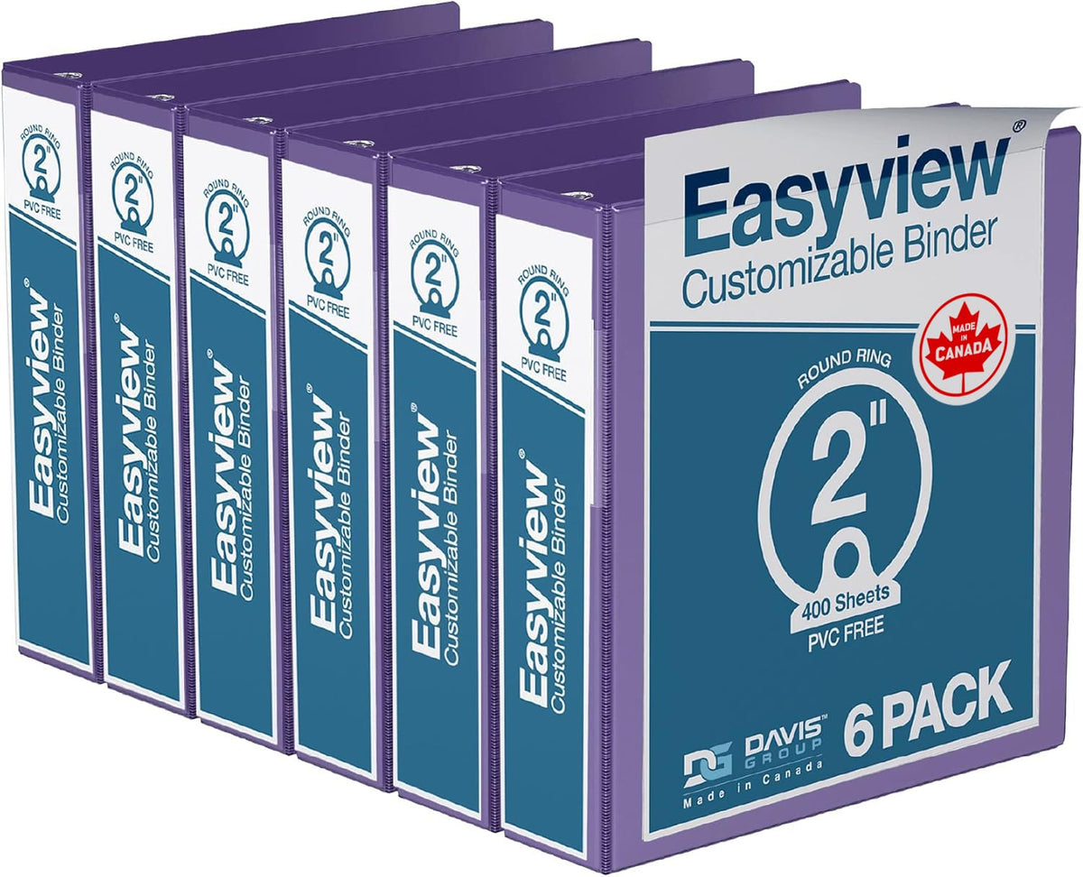 Easyview 3-Ring Binder, Clear-View Cover, 2" Round Rings, Purple, 6 Pack