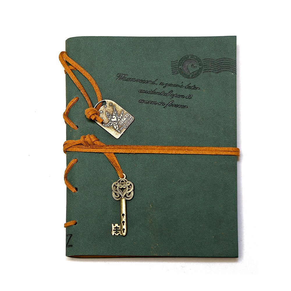 EvZ Classic Vintage Leather Writing Journal Notebook - Forest Green Retro Diary with Antique Key