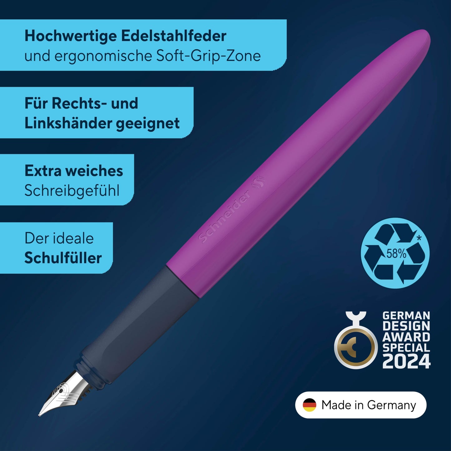 Schneider Wavy Fountain Pen for Right and Left Handed Users, Purple