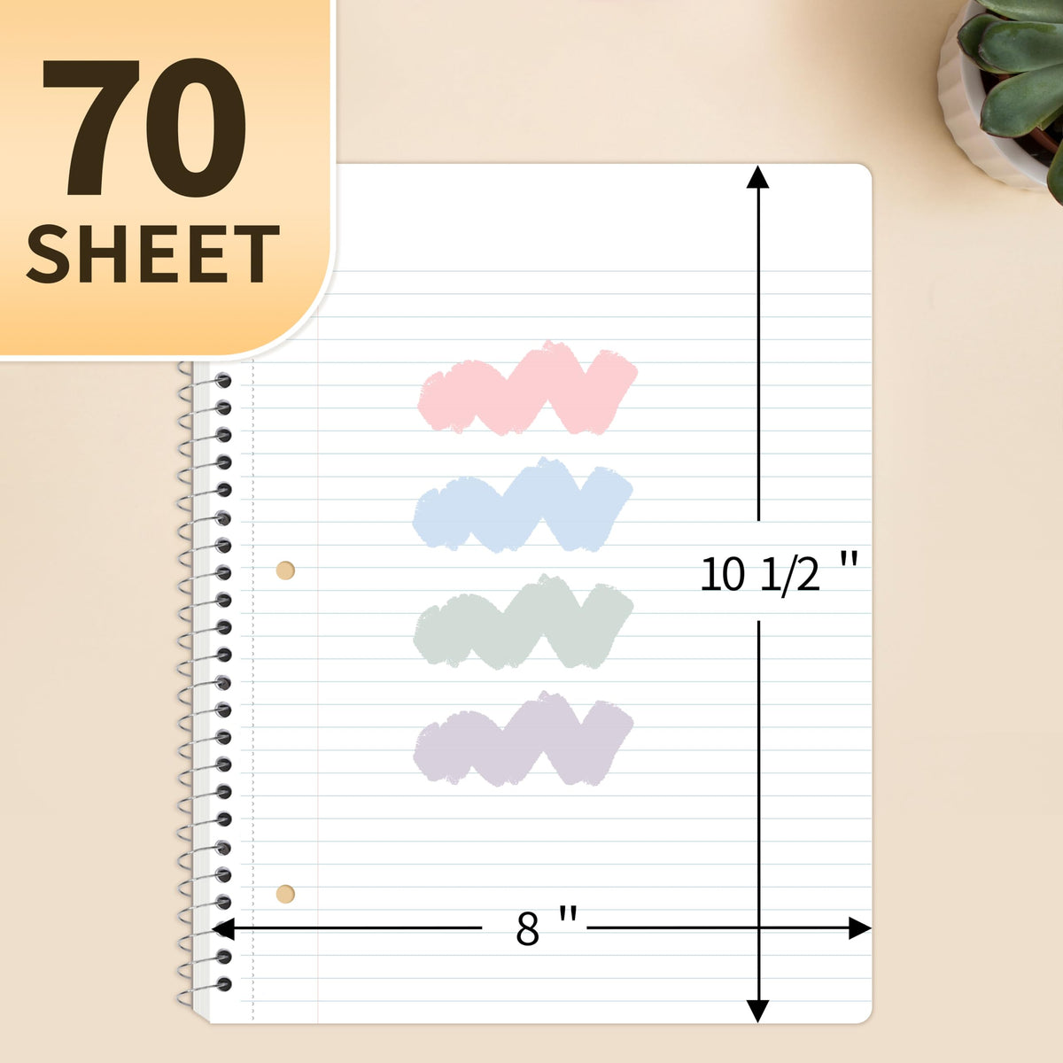 SUNEE Spiral Notebooks College Ruled, 1-Subject, 4 Pack, 8 x 10-1/2 in, 70 Sheets, 3-Hole Punched