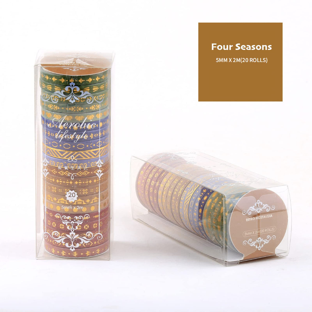 YUBX Skinny Gold Washi Tape Set Basic Foil Print Decorative Masking Tapes for Arts, DIY Crafts