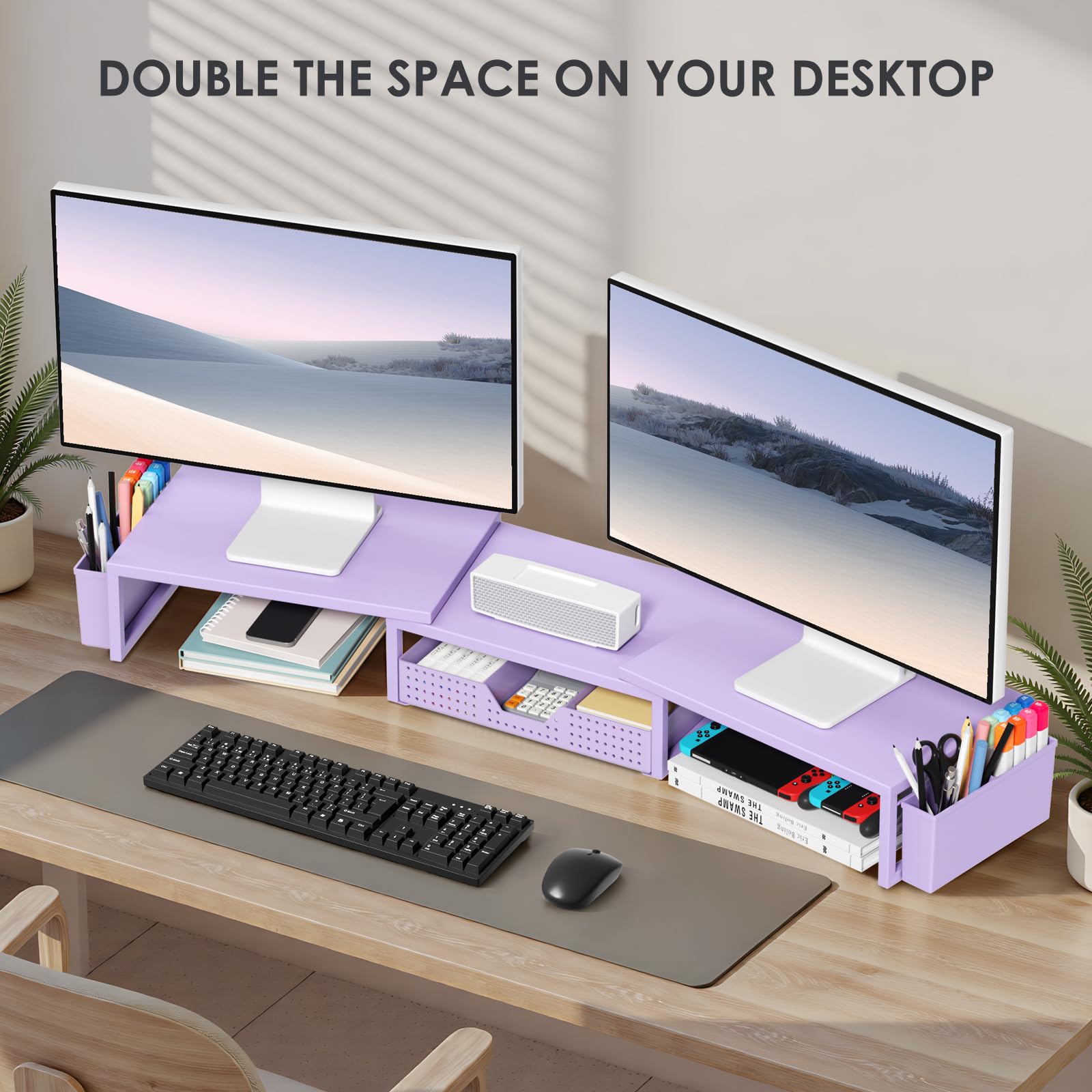 OPNICE Desk Organizers and Accessories, Dual Monitor Stand Riser with Drawer and 2 Pen Holders