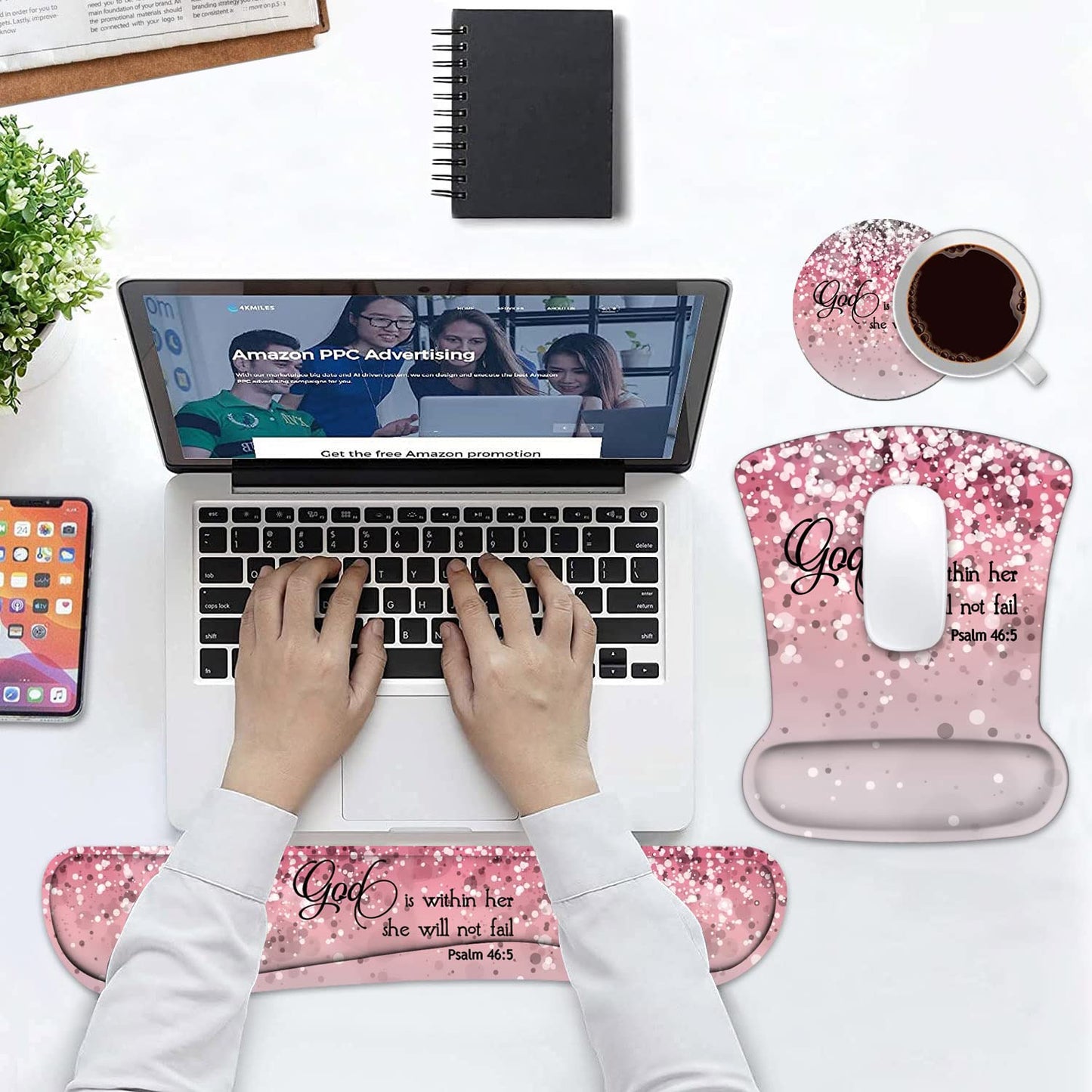 Keyboard Wrist Rest and Mouse Pad Wrist Support Set with Coasters, Bible Verses Psalm 46:5 with