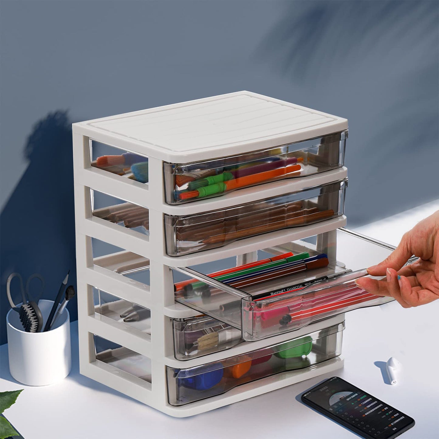 DEAYOU 5 Drawer Desktop Storage Bin Unit, Small Plastic Organizer, White Frame with Clear Drawer