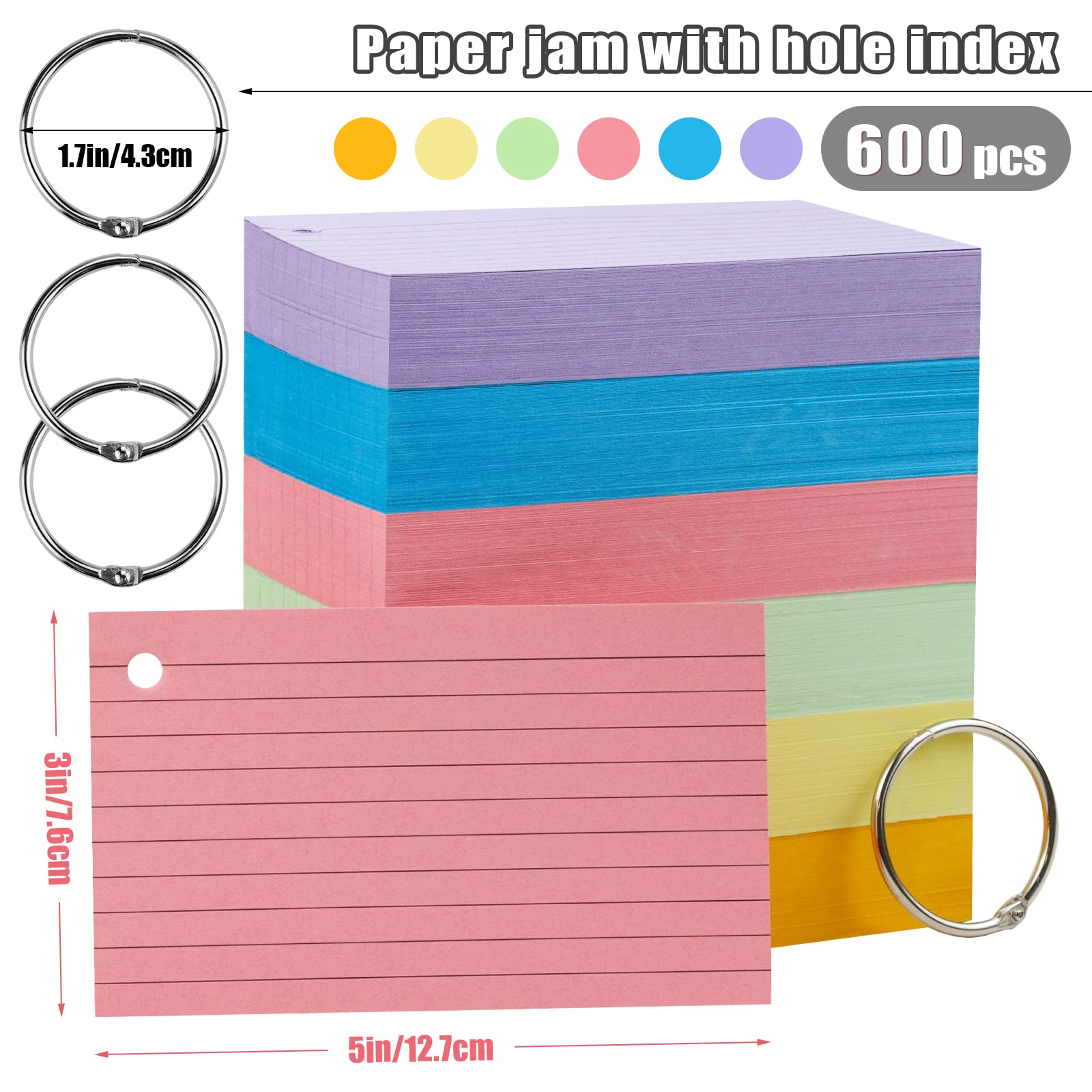 Tecmisse 600 Pieces Index Cards Rulded, Colorful Flash Cards 3 x 5 Index Card with Rings, Heavy